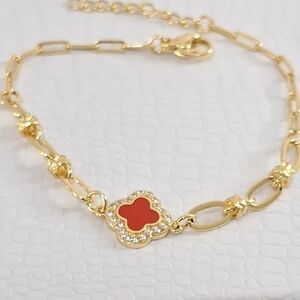 Red Enamel Diamonds Clover Bracelet